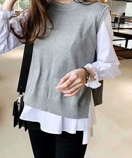 ONEP STAR（ワンピスター）の「デザインシャツ×ニットベスト２点セット（ベスト・レディース・ネイビー/ブラック/グレー・FREE）」の16枚目の写真