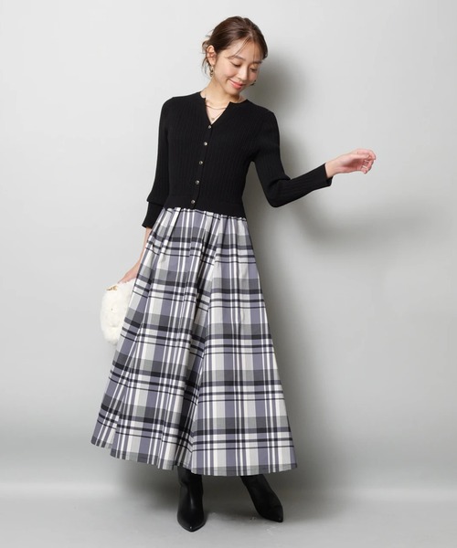 チェックスカートドッキングワンピース JUSGLITTY 長袖チェック