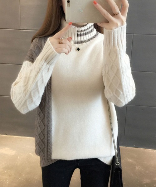 SallyLunn(サリーラン)の「バイカラーブロックケーブルニット(ニット/セーター・レディース・ダークグレー/ホワイト/ブラック・FREE)」の1枚目の写真