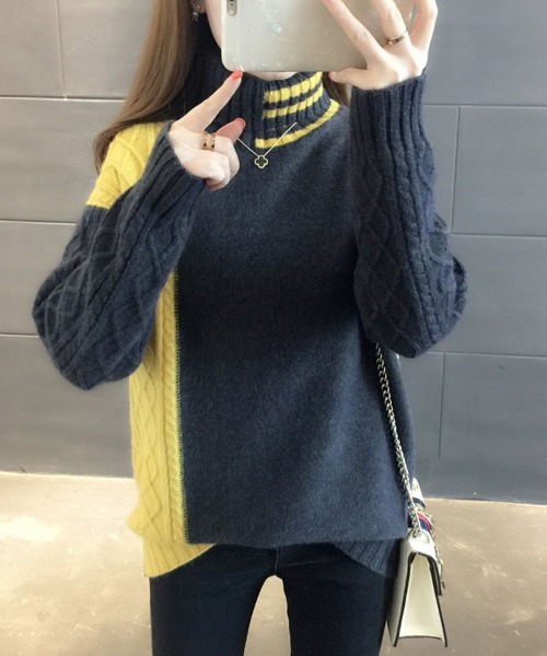 SallyLunn(サリーラン)の「バイカラーブロックケーブルニット(ニット/セーター・レディース・ダークグレー/ホワイト/ブラック・FREE)」の2枚目の写真