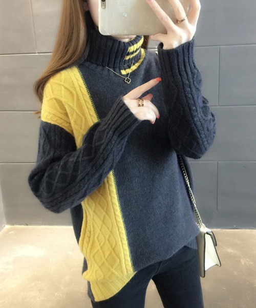 SallyLunn(サリーラン)の「バイカラーブロックケーブルニット(ニット/セーター・レディース・ダークグレー/ホワイト/ブラック・FREE)」の5枚目の写真