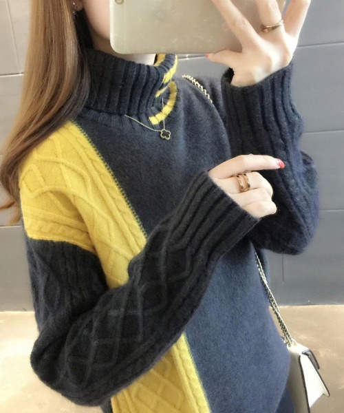 SallyLunn(サリーラン)の「バイカラーブロックケーブルニット(ニット/セーター・レディース・ダークグレー/ホワイト/ブラック・FREE)」の6枚目の写真