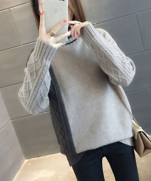 SallyLunn(サリーラン)の「バイカラーブロックケーブルニット(ニット/セーター・レディース・ダークグレー/ホワイト/ブラック・FREE)」の7枚目の写真