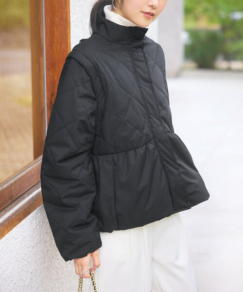 セール】[ あったか裏シャギー ] キルティングペプラムアウター