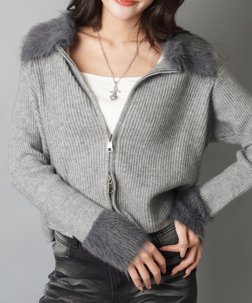 シャギーニットジップカーディガン/襟付き（カーディガン/ボレロ