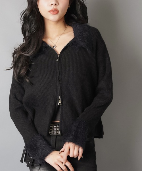 セール】シャギーニットジップカーディガン/襟付き（カーディガン