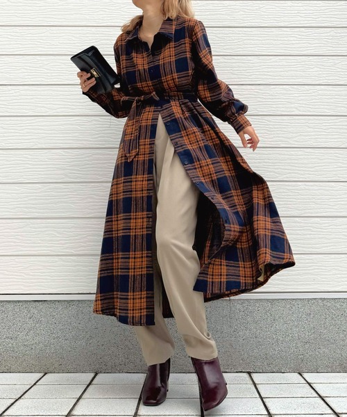 Q（キュー）の「チェックAラインシャツワンピース（シャツワンピース・レディース・ブラック系その他/オレンジ系その他・MEDIUM）」の2枚目の写真