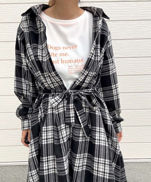 Q（キュー）の「チェックAラインシャツワンピース（シャツワンピース・レディース・ブラック系その他/オレンジ系その他・MEDIUM）」の5枚目の写真