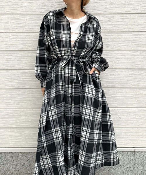 Q（キュー）の「チェックAラインシャツワンピース（シャツワンピース・レディース・ブラック系その他/オレンジ系その他・MEDIUM）」の3枚目の写真