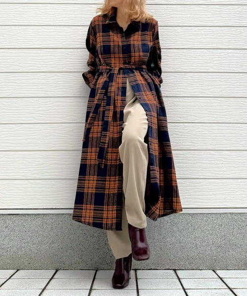 Q（キュー）の「チェックAラインシャツワンピース（シャツワンピース・レディース・ブラック系その他/オレンジ系その他・MEDIUM）」の14枚目の写真