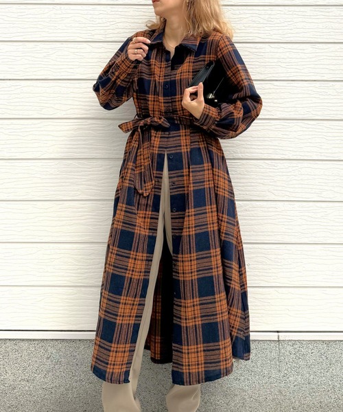 Q（キュー）の「チェックAラインシャツワンピース（シャツワンピース・レディース・ブラック系その他/オレンジ系その他・MEDIUM）」の8枚目の写真