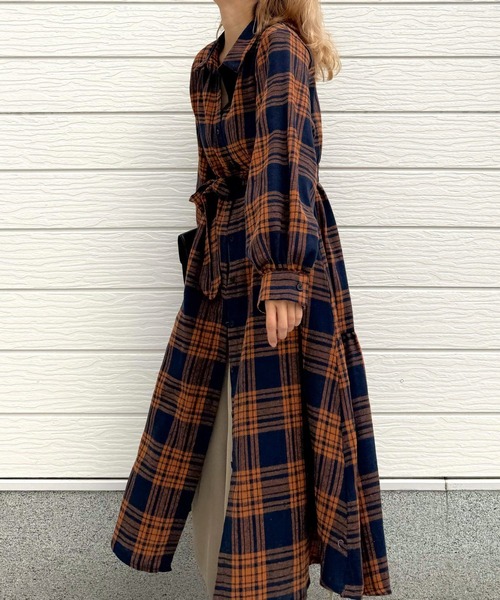 Q（キュー）の「チェックAラインシャツワンピース（シャツワンピース・レディース・ブラック系その他/オレンジ系その他・MEDIUM）」の9枚目の写真