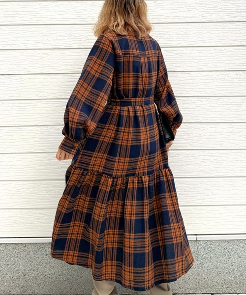 Q（キュー）の「チェックAラインシャツワンピース（シャツワンピース・レディース・ブラック系その他/オレンジ系その他・MEDIUM）」の10枚目の写真