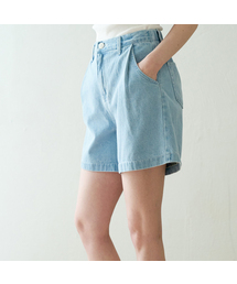 Banded pintuck denim short pants - Medium Indigo