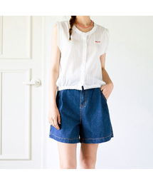 Banded pintuck denim short pants - Medium Indigo