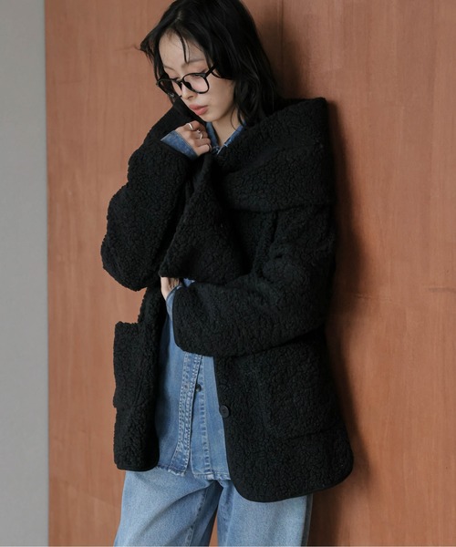 セール】マフラー付き ノーカラーボアジャケット（ノーカラー