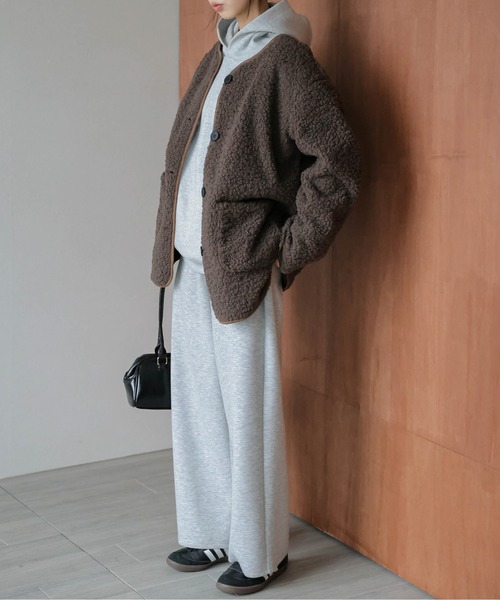 セール】マフラー付き ノーカラーボアジャケット（ノーカラー