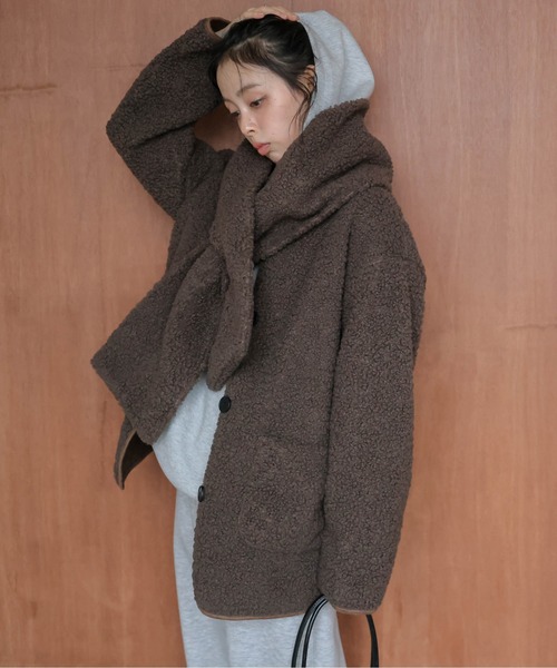 セール】マフラー付き ノーカラーボアジャケット（ノーカラー