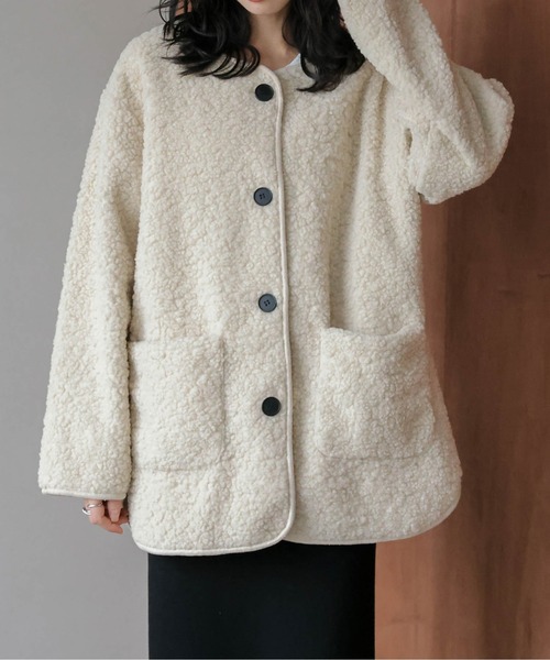 セール】マフラー付き ノーカラーボアジャケット（ノーカラー