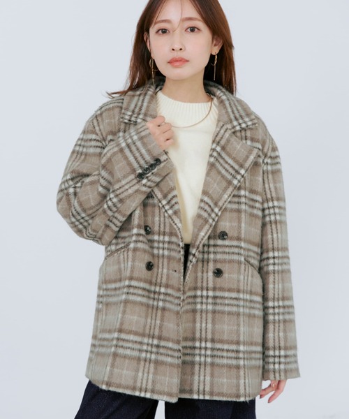 ウールシャギーチェックダブルコート 【低身長・小柄女性】（その他