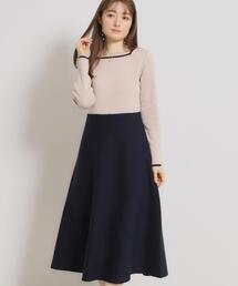 couture brooch | 【ハレの日・通勤】スクエアネック バイカラー ニットワンピース(ワンピース)