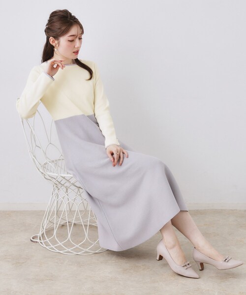 couture brooch（クチュールブローチ）の「【ハレの日・通勤】スクエアネック バイカラー ニットワンピース（ワンピース・レディース・ベージュ/オフホワイト・36/38/42）」の10枚目の写真