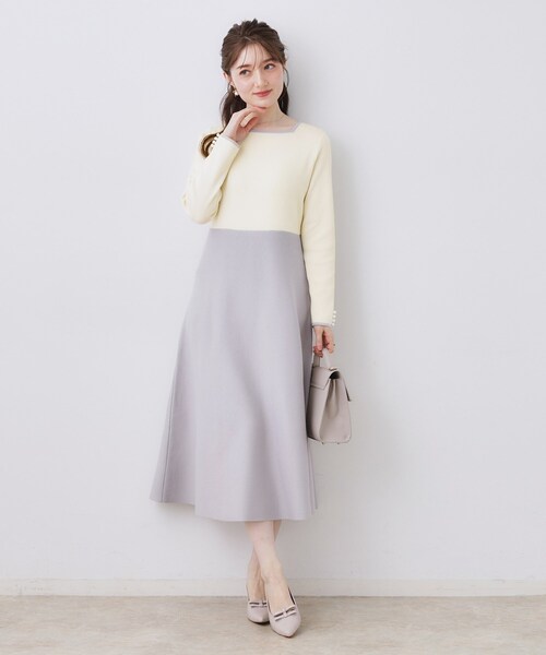 couture brooch（クチュールブローチ）の「【ハレの日・通勤】スクエアネック バイカラー ニットワンピース（ワンピース・レディース・ベージュ/オフホワイト・36/38/42）」の11枚目の写真