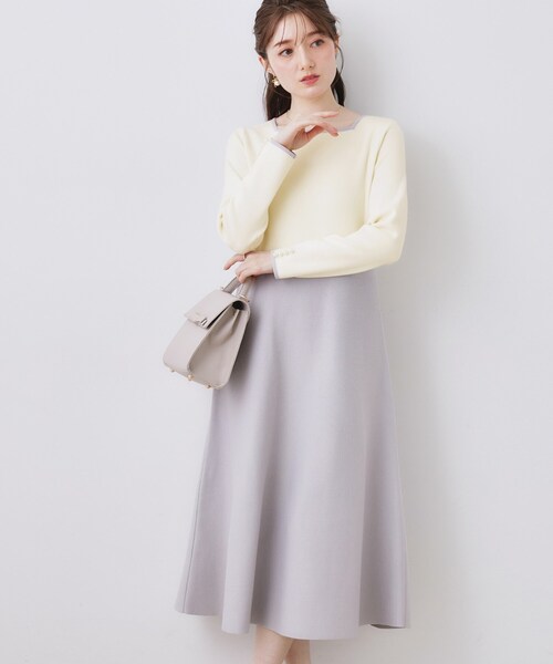 couture brooch（クチュールブローチ）の「【ハレの日・通勤】スクエアネック バイカラー ニットワンピース（ワンピース・レディース・ベージュ/オフホワイト・36/38/42）」の14枚目の写真