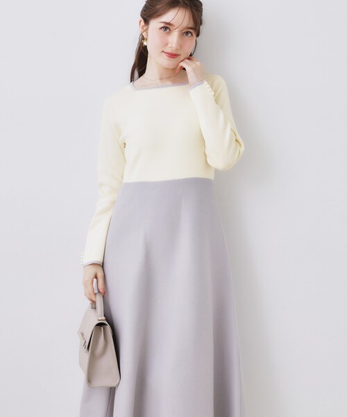 couture brooch（クチュールブローチ）の「【ハレの日・通勤】スクエアネック バイカラー ニットワンピース（ワンピース・レディース・ベージュ/オフホワイト・36/38/42）」の15枚目の写真