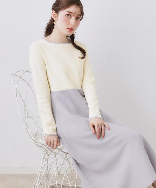 couture brooch（クチュールブローチ）の「【ハレの日・通勤】スクエアネック バイカラー ニットワンピース（ワンピース・レディース・ベージュ/オフホワイト・36/38/42）」の17枚目の写真