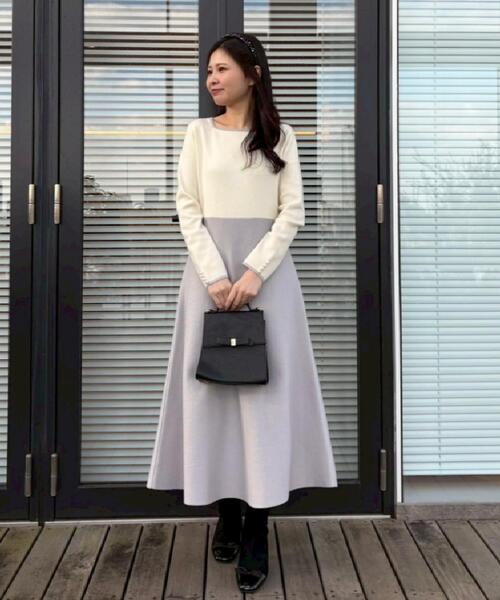 couture brooch（クチュールブローチ）の「【ハレの日・通勤】スクエアネック バイカラー ニットワンピース（ワンピース・レディース・ベージュ/オフホワイト・36/38/42）」の21枚目の写真