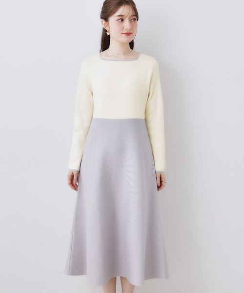 couture brooch（クチュールブローチ）の「【ハレの日・通勤】スクエアネック バイカラー ニットワンピース（ワンピース・レディース・ベージュ/オフホワイト・36/38/42）」の3枚目の写真