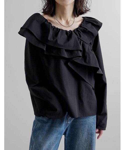 Re:EDIT（リエディ）の「[2026S/S COLLECTION]無地orギンガムチェックサッカーアシンメトリーフリルブラウス（シャツ/ブラウス・レディース・ベージュ/ホワイト/ブラック/ブラウン系その他/ブラック系その他・MEDIUM/LARGE）」の9枚目の写真