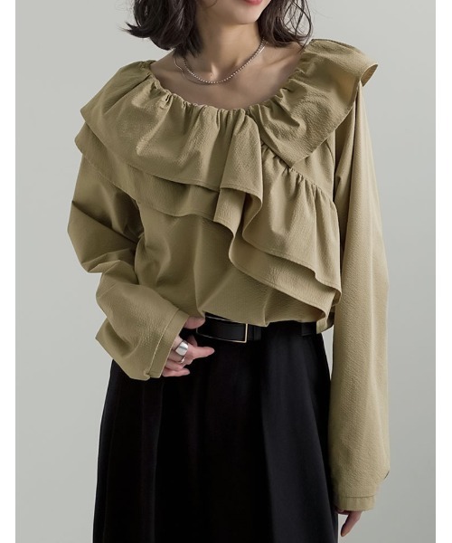 Re:EDIT（リエディ）の「[2026S/S COLLECTION]無地orギンガムチェックサッカーアシンメトリーフリルブラウス（シャツ/ブラウス・レディース・ベージュ/ホワイト/ブラック/ブラウン系その他/ブラック系その他・MEDIUM/LARGE）」の10枚目の写真