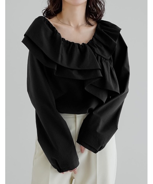 Re:EDIT（リエディ）の「[2026S/S COLLECTION]無地orギンガムチェックサッカーアシンメトリーフリルブラウス（シャツ/ブラウス・レディース・ベージュ/ホワイト/ブラック/ブラウン系その他/ブラック系その他・MEDIUM/LARGE）」の6枚目の写真