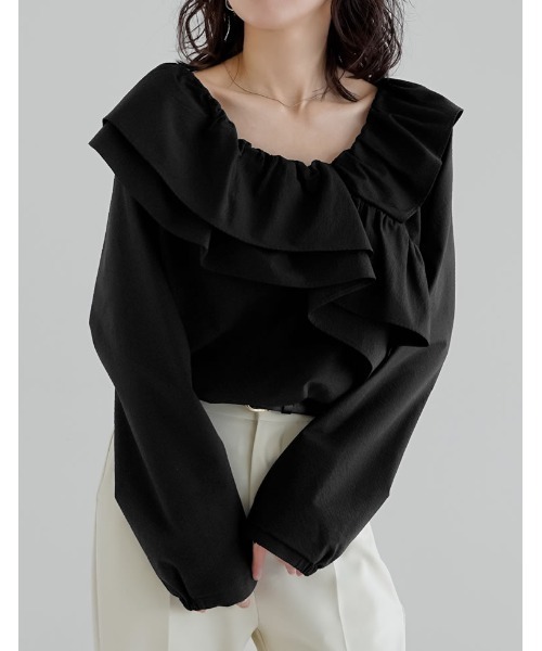 Re:EDIT（リエディ）の「[2026S/S COLLECTION]無地orギンガムチェックサッカーアシンメトリーフリルブラウス（シャツ/ブラウス・レディース・ベージュ/ホワイト/ブラック/ブラウン系その他/ブラック系その他・MEDIUM/LARGE）」の8枚目の写真