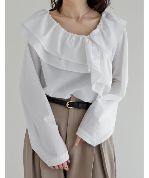Re:EDIT（リエディ）の「[2026S/S COLLECTION]無地orギンガムチェックサッカーアシンメトリーフリルブラウス（シャツ/ブラウス・レディース・ベージュ/ホワイト/ブラック/ブラウン系その他/ブラック系その他・MEDIUM/LARGE）」の12枚目の写真