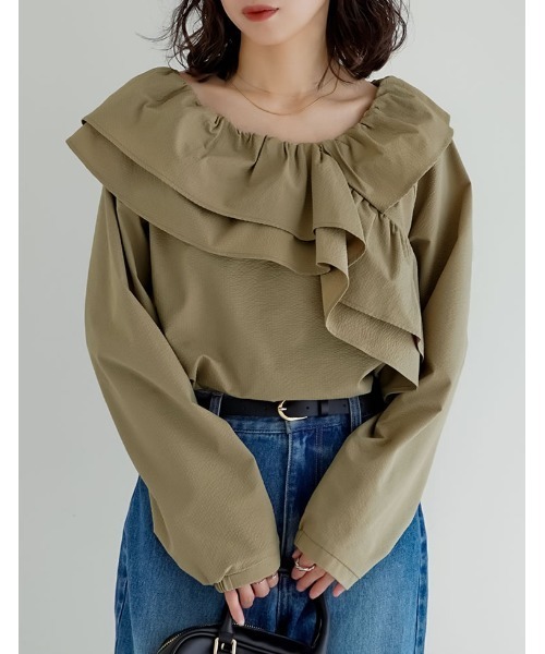 Re:EDIT（リエディ）の「[2026S/S COLLECTION]無地orギンガムチェックサッカーアシンメトリーフリルブラウス（シャツ/ブラウス・レディース・ベージュ/ホワイト/ブラック/ブラウン系その他/ブラック系その他・MEDIUM/LARGE）」の18枚目の写真