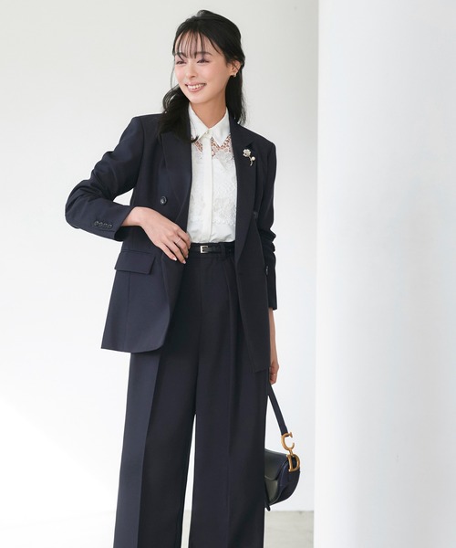 RUIRUE BOUTIQUE（ルイルエブティック）の「洗える ストレッチ 吸水速乾 UVカット 消臭抗菌効果 ｜ マニッシュ スーツ ワイドパンツ セット ｜ パンツスーツ・セットアップ・セレモニースーツ・ママスーツ・通勤スーツ（スーツセット・レディース・ブラック/グレイッシュベージュ/チャコールグレー/ダークネイビー・S/M/L/LL/3L/4L/5L）」の4枚目の写真