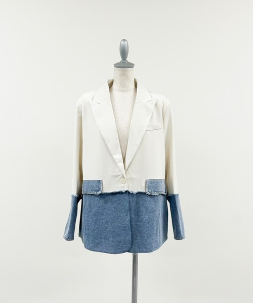 DOLLUPOOPS(ドールアップウップス)の「Denim Combination Tailored Jacket(デニム切替テーラードジャケット)(テーラードジャケット・レディース・ブラック/アイボリー・FREE)」の4枚目の写真