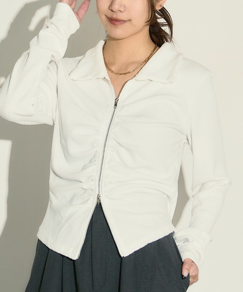 H.TOKYO(エイチトウキョウ)の「ダブルジップフロントギャザーリブトップス(Tシャツ/カットソー・レディース・チャコール/オフホワイト・FREE)」の6枚目の写真