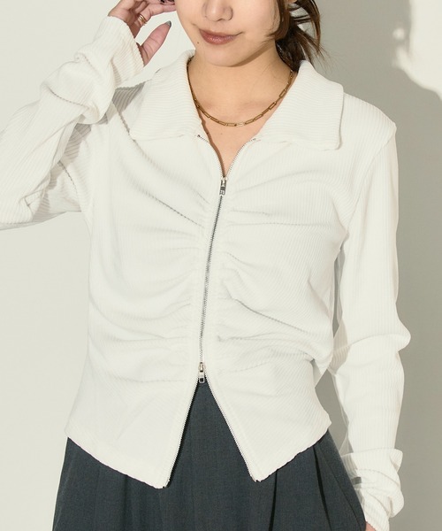 H.TOKYO(エイチトウキョウ)の「ダブルジップフロントギャザーリブトップス(Tシャツ/カットソー・レディース・チャコール/オフホワイト・FREE)」の9枚目の写真