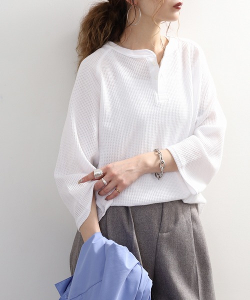 JEMORGAN(ジェーイーモーガン)の「JEMORGAN ワッフル7分袖ヘンリー(Tシャツ/カットソー・メンズ・ホワイト/ナチュラル/杢グレー/モカ/マスタード/ブラック/ネイビー・S/M/L/XL)」の1枚目の写真