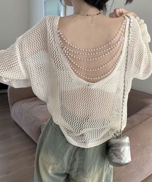 バックデザイン パールビジューストラップ 透かし編みニットトップス