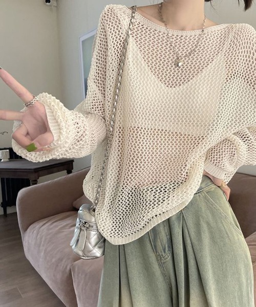 meJane(ミージェーン)の「バックデザイン パールビジューストラップ 透かし編みニットトップス(ニット/セーター・レディース・オフホワイト/ブラック・FREE)」の7枚目の写真