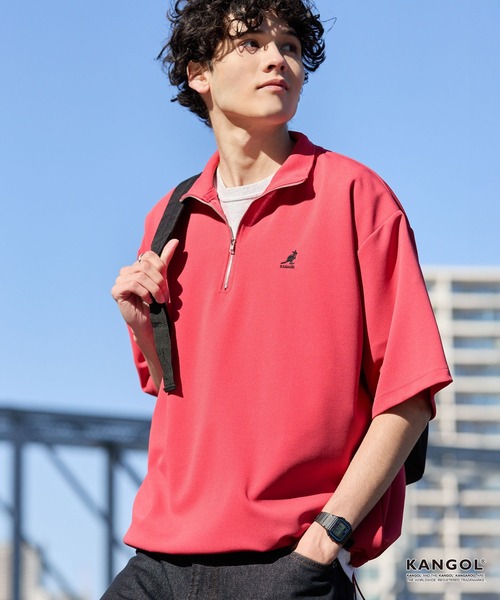 KANGOL（カンゴール）の「KANGOL/カンゴール 別注 ロゴ ワンポイント刺繍 ハーフジップ ドローコード 半袖プルオーバー＜UVカット/吸水速乾＞（Tシャツ/カットソー・メンズ・ブルー/オフホワイト/レッド系/ブラック/ライトグレー/モカ/ネイビー/ダークグレー・S/L/M）」の8枚目の写真
