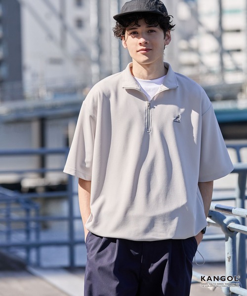 KANGOL（カンゴール）の「KANGOL/カンゴール 別注 ロゴ ワンポイント刺繍 ハーフジップ ドローコード 半袖プルオーバー＜UVカット/吸水速乾＞（Tシャツ/カットソー・メンズ・ブルー/オフホワイト/レッド系/ブラック/ライトグレー/モカ/ネイビー/ダークグレー・S/L/M）」の9枚目の写真