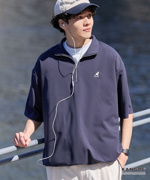 KANGOL（カンゴール）の「KANGOL/カンゴール 別注 ロゴ ワンポイント刺繍 ハーフジップ ドローコード 半袖プルオーバー＜UVカット/吸水速乾＞（Tシャツ/カットソー・メンズ・ブルー/オフホワイト/レッド系/ブラック/ライトグレー/モカ/ネイビー/ダークグレー・S/L/M）」の22枚目の写真
