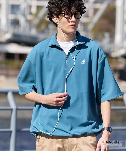 KANGOL（カンゴール）の「KANGOL/カンゴール 別注 ロゴ ワンポイント刺繍 ハーフジップ ドローコード 半袖プルオーバー＜UVカット/吸水速乾＞（Tシャツ/カットソー・メンズ・ブルー/オフホワイト/レッド系/ブラック/ライトグレー/モカ/ネイビー/ダークグレー・S/L/M）」の12枚目の写真