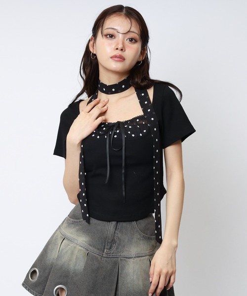 SPIRALGIRL(スパイラルガール)の「ドット柄チョーカーレイヤードトップス(Tシャツ/カットソー・レディース・グレー/ブラック・FREE)」の7枚目の写真